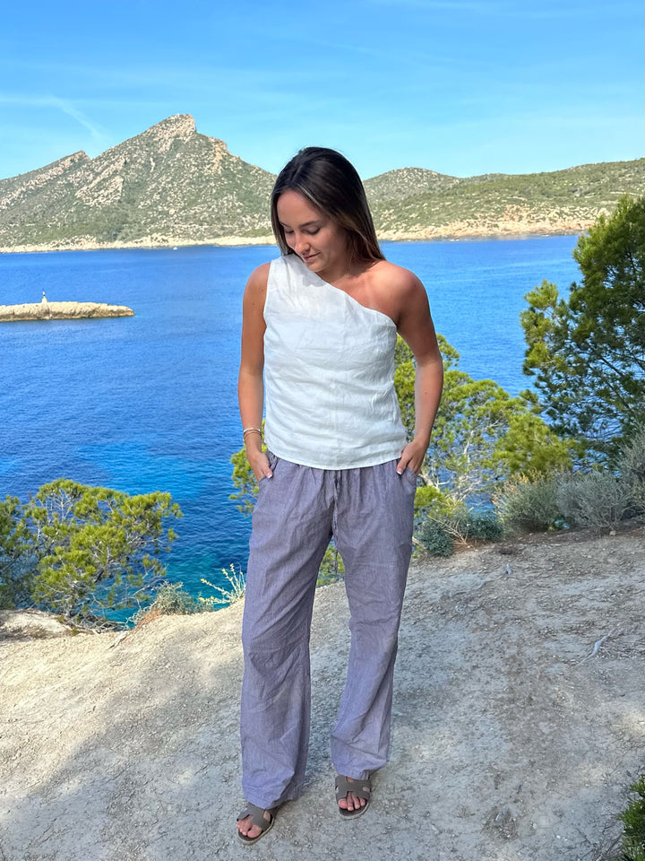 One-Shoulder-Top aus Leinen – Weiß